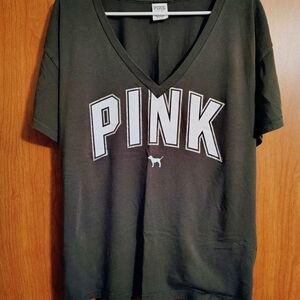 PINK Victoria's Secret Black V-Neck Short Sleeve Tee with White Logo